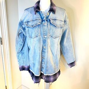 SO Denim Jean Jacket Coat with Purple Plaid Flannel Frayed Accents Size Medium